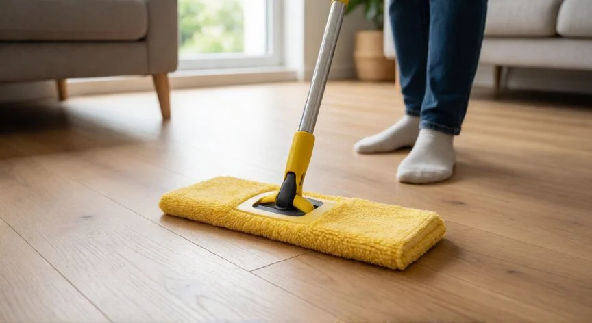 Persona fregando una tarima flotante de roble claro con fregona de microfibra