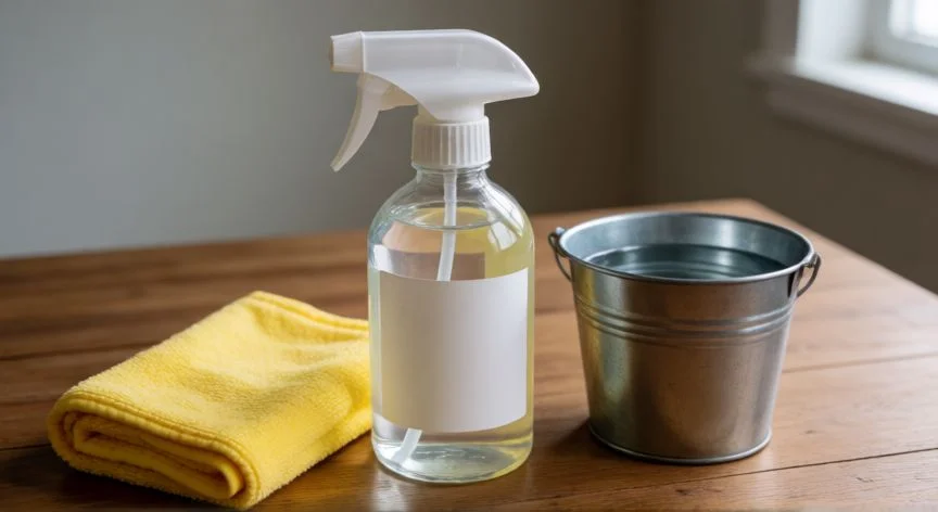 mejor producto para limpiar tarima flotante mercadona, Kit de limpieza con limpiador en spray y paño de microfibra sobre mesa de madera