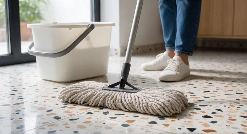 Mujer limpiando suelo de terrazo con fregona y cubo en una habitación luminosa
