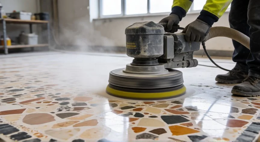 mejor producto para limpiar terrazo, Máquina profesional puliendo suelo de terrazo en una obra o local comercial