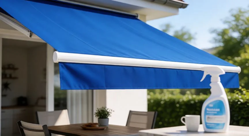 mejor producto para limpiar toldos, Toldo azul limpio y brillante después de la limpieza profesional