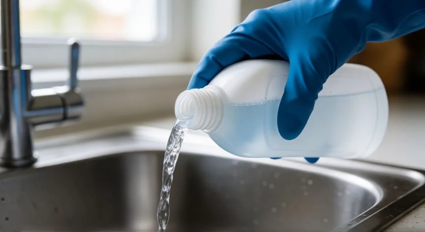 Aplicando destapon liquido en un fregadero de cocina