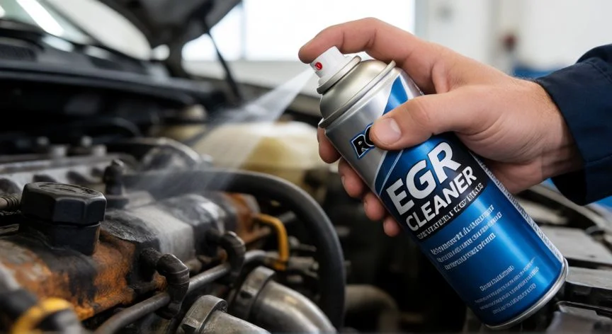 Mecánico aplicando limpiador específico para válvula EGR en un motor diésel