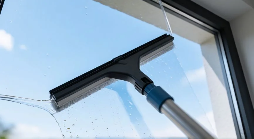 mejor producto para limpiar ventanas, Rasqueta de goma limpiando una ventana transparente