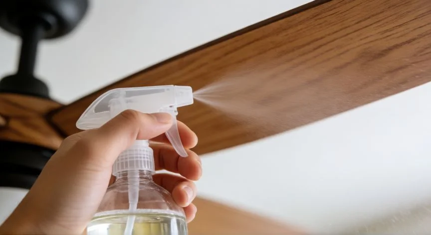 Mano aplicando limpiador en aspa de ventilador de techo de madera