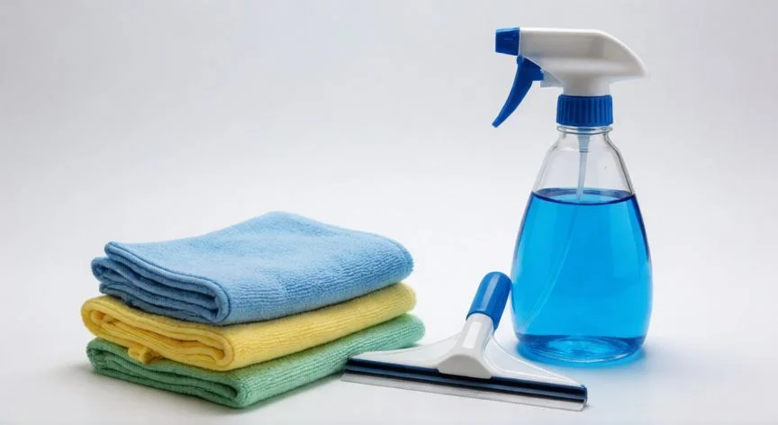 mejor producto para limpiar vidrios, Juego de limpiavidrios con botella, paños de microfibra y raspo