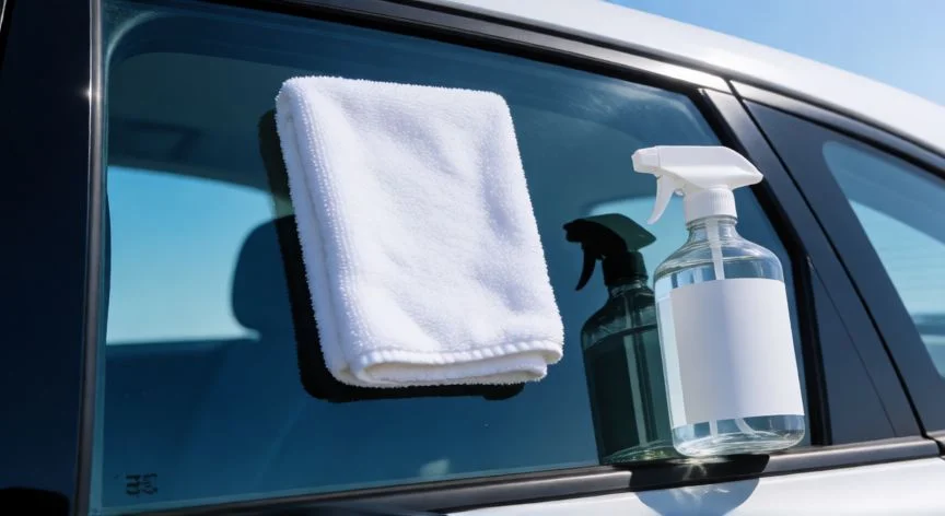 mejor producto para limpiar vidrios de carro, Vidrio lateral de coche limpio con paño de microfibra y limpiador al lado