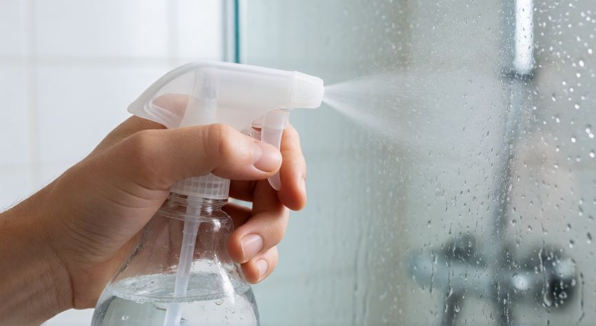 mejor producto para limpiar vidrios del baño, Aplicación de limpiador específico para vidrios de baño con spray