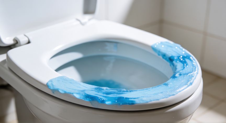 mejor producto para limpiar wc, Inodoro con limpiador en gel azul aplicado en el borde interior