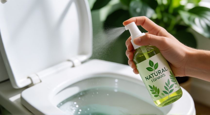 mejor producto para limpiar wc, Mano usando un limpiador ecológico en spray sobre un inodoro