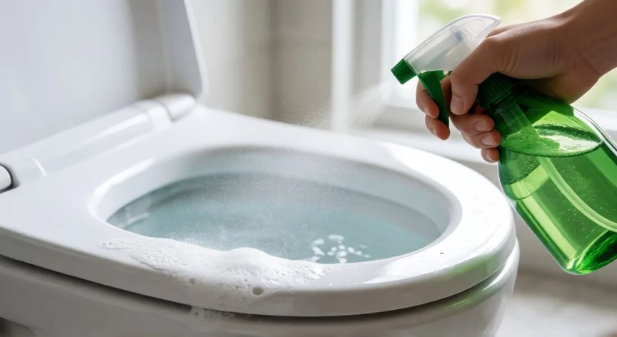 Limpiador en espuma de WC aplicándose sobre la taza del inodoro