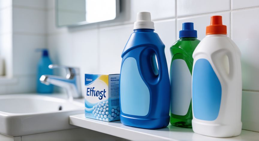 mejor producto para limpiar wc mercadona, Bote de limpiador de WC y pastillas desinfectantes en estante de baño