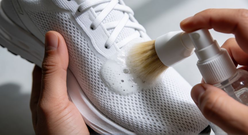 mejor producto para limpiar zapatillas, Mano limpiando una zapatilla de malla con cepillo suave y espuma