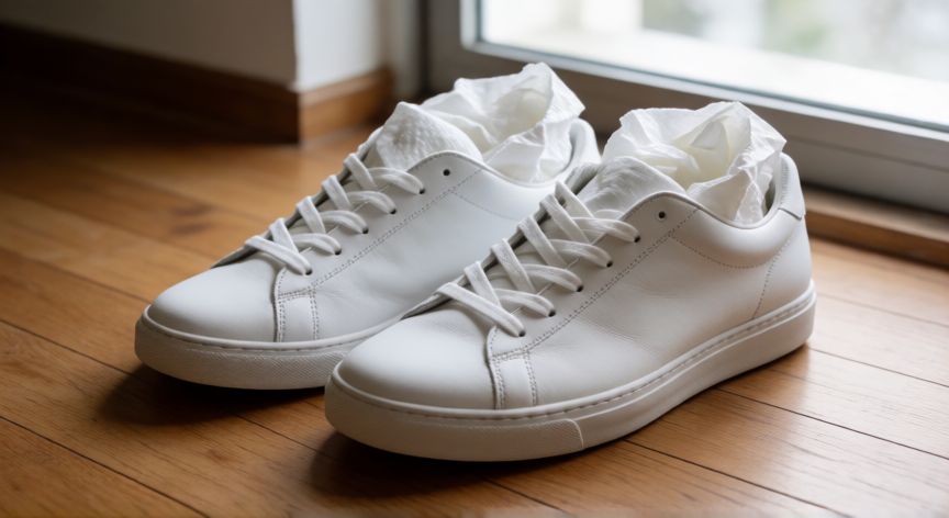 mejor producto para limpiar zapatillas, Zapatillas de cuero blancas secándose con papel de periódico dentro