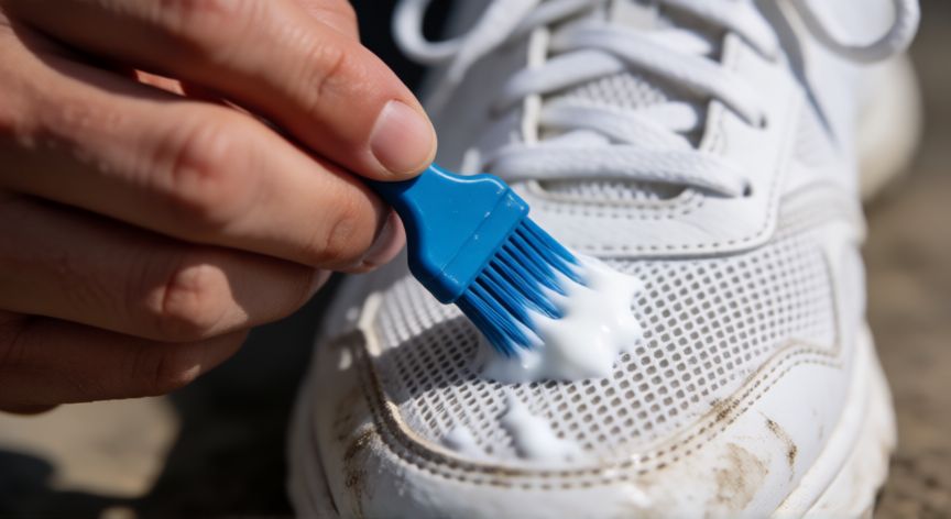 mejor producto para limpiar zapatillas blancas, Aplicando limpiador en espuma sobre zapatilla blanca sucia con brocha