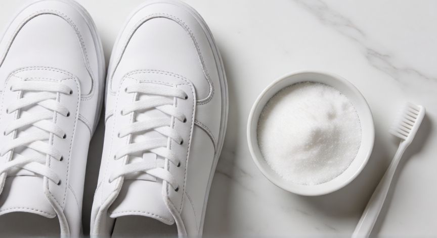 mejor producto para limpiar zapatillas blancas, Zapatillas blancas limpias junto a mezcla casera de bicarbonato y peróxido