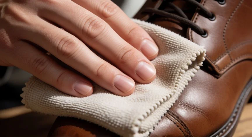 Personas limpiando zapatos de cuero con un paño suave