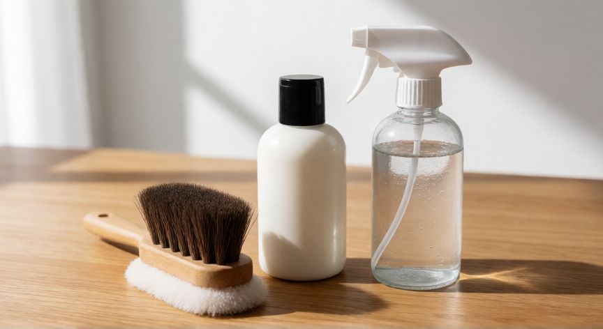 mejor producto para limpiar zapatos, Kit de productos para el cuidado y limpieza de zapatos sobre madera