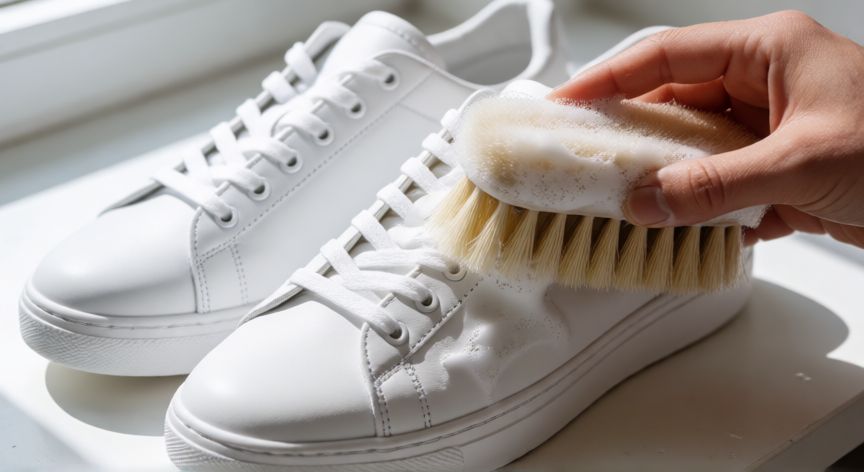 mejor producto para limpiar zapatos blancos, Limpieza de zapatillas blancas con espuma y brocha suave