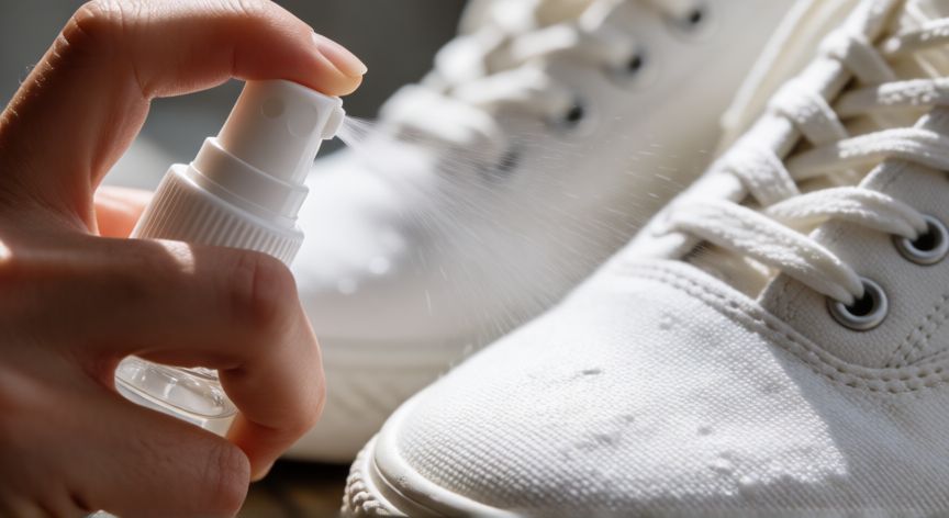 mejor producto para limpiar zapatos blancos, Aplicación de protector impermeable sobre zapatos blancos de tela