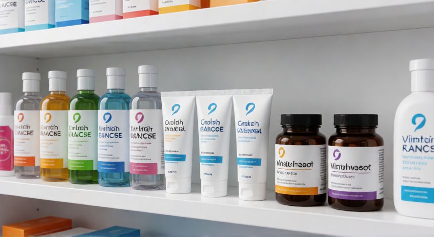 mejor producto para llagas en la boca, Estantería con productos de cuidado bucal y vitaminas