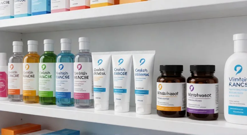 mejor producto para llagas en la boca, Estantería con productos de cuidado bucal y vitaminas