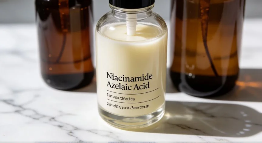 Productos de cuidado facial con niacinamida y acido azelaico sobre superficie de marmol