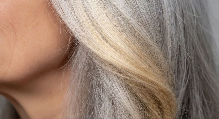 mejor producto para matizar canas, Detalle de cabello plateado con tonos dorados y textura natural