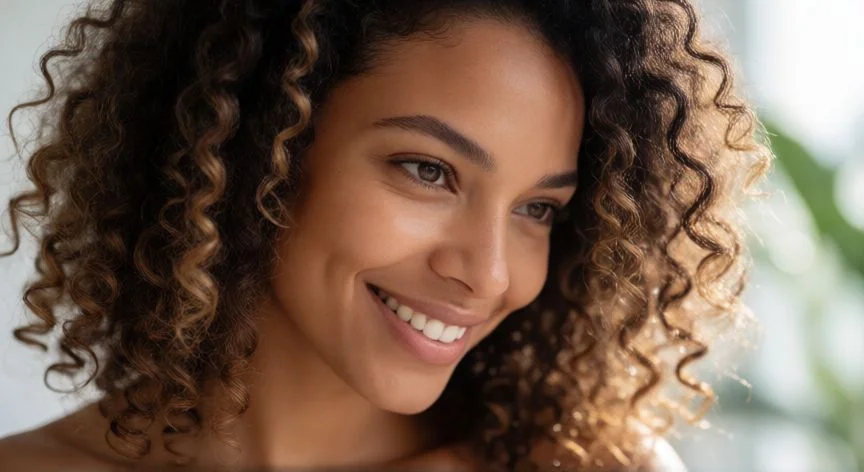 Mujer con rizos definidos y saludables tras aplicar productos del método curly