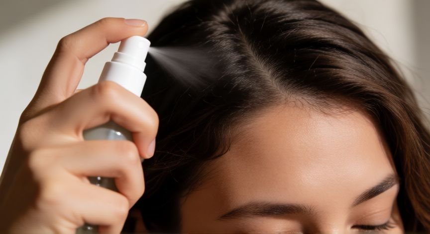 mejor producto para nacimiento de cabello, Aplicación de spray tinte en las raíces del cabello
