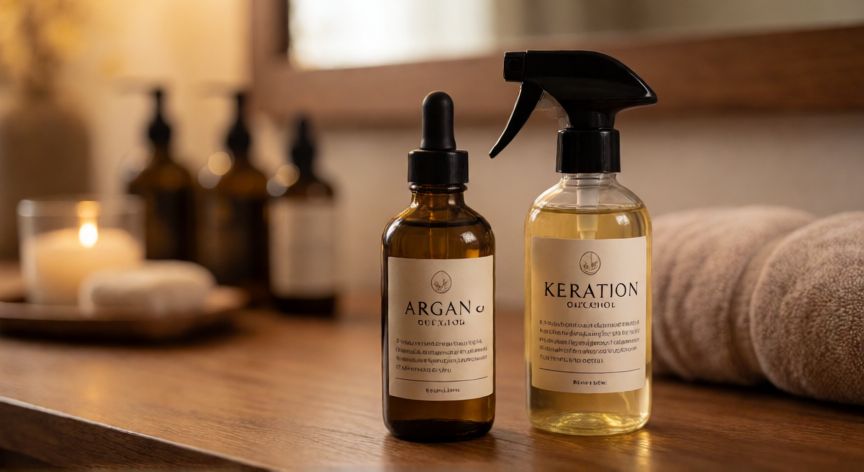 mejor producto para nanoplastia, Productos de cuidado capilar con aceite de argán y keratina en una mesa de tocador