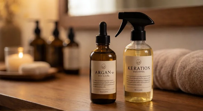 mejor producto para nanoplastia, Productos de cuidado capilar con aceite de argán y keratina en una mesa de tocador
