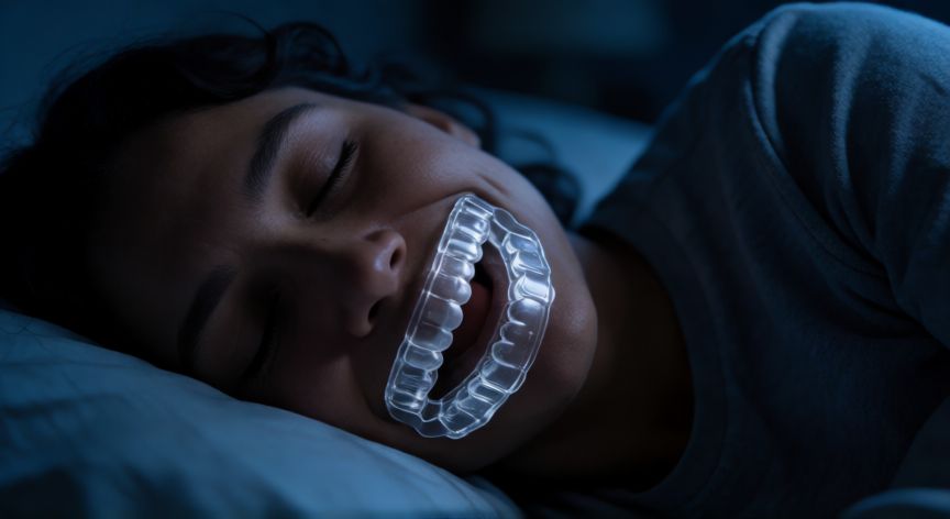 mejor producto para no roncar, Persona durmiendo con dispositivo oral para ronquidos