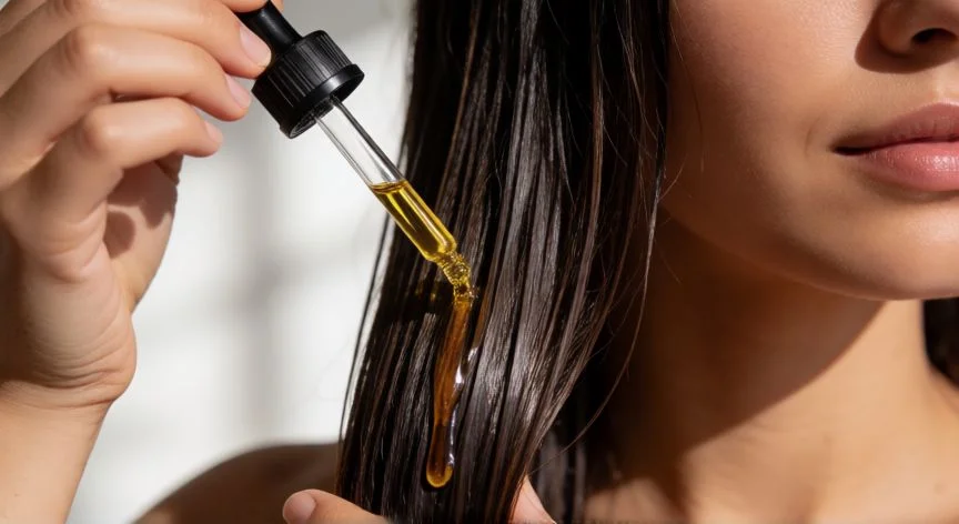 Aplicación de aceite de argán en cabello húmedo para nutrir profundamente
