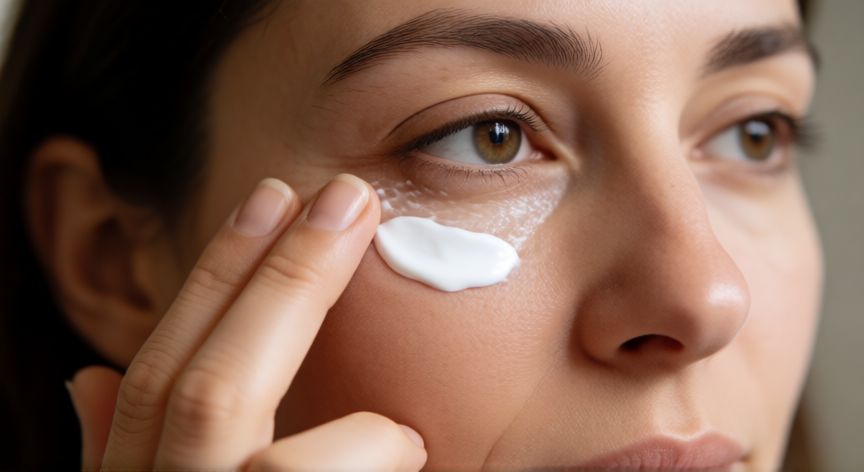 mejor producto para ojeras, Mujer aplicando crema de contorno de ojos con el dedo anular