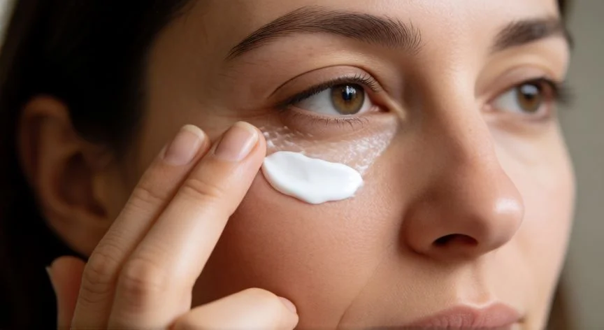 Mujer aplicando crema de contorno de ojos con el dedo anular