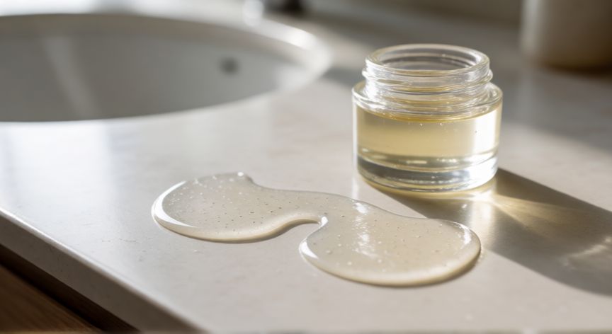mejor producto para ojeras, Parches de ojeras de hidrogel y sérum facial sobre una superficie limpia