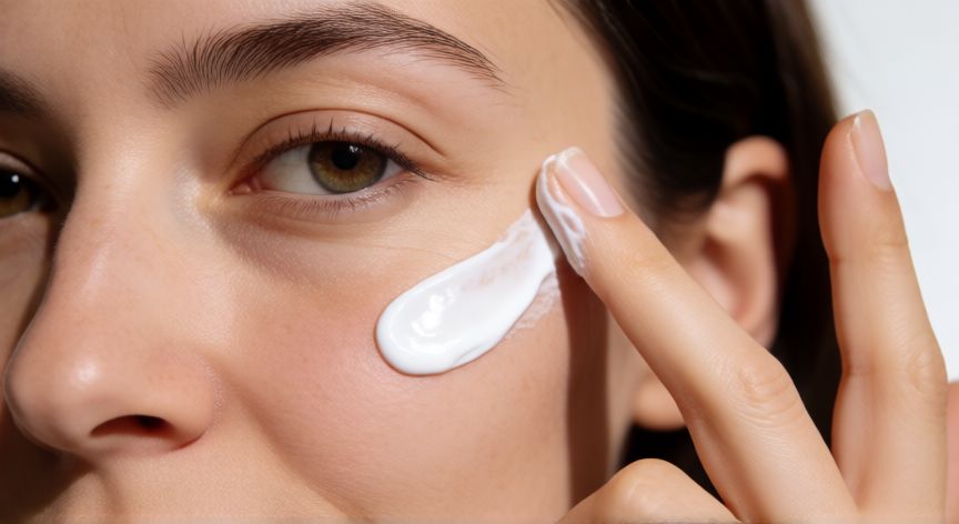 mejor producto para ojeras oscuras, Mujer aplicando contorno de ojos con el dedo anular