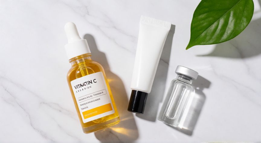 mejor producto para ojeras oscuras, Ingredientes activos de cosmética como vitamina C y retinol sobre superficie de mármol