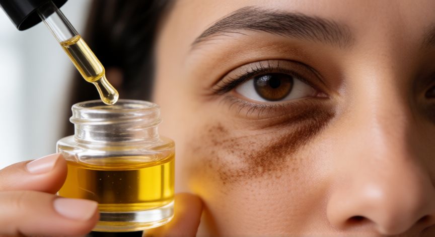 mejor producto para ojeras pigmentadas, Detalle de ojeras pigmentadas marrones y aplicación de sérum de vitamina C