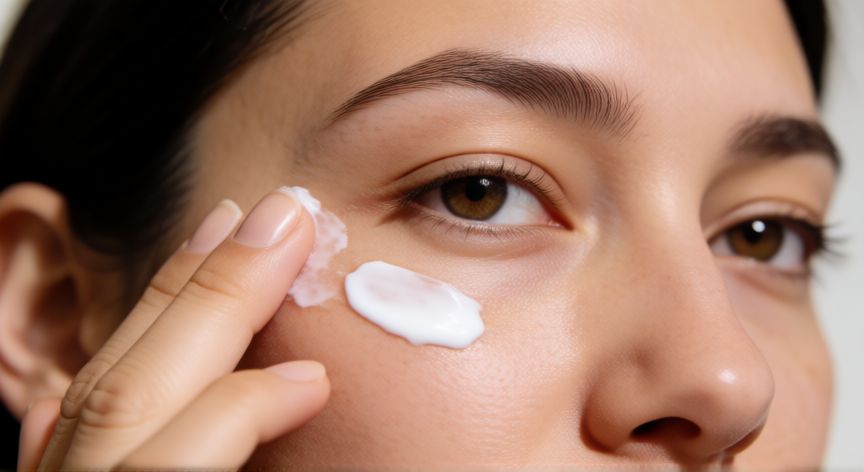 mejor producto para ojeras y bolsas, Aplicación de crema de contorno de ojos en la piel
