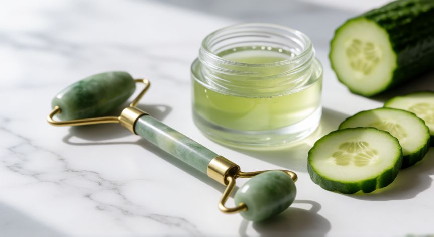mejor producto para ojeras y bolsas, Rodillo de jade y sérum para el contorno de ojos