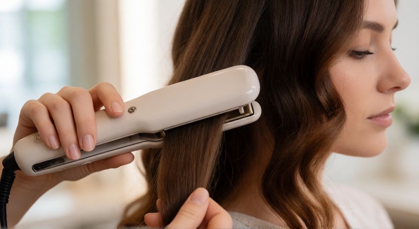 mejor producto para ondular el pelo, Mujer usando una plancha de cerámica para crear ondas en su pelo