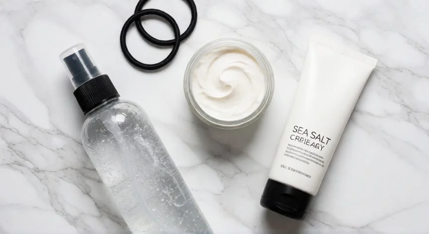 mejor producto para ondular el pelo, Rutina completa de productos para pelo ondulado sobre superficie de mármol blanco