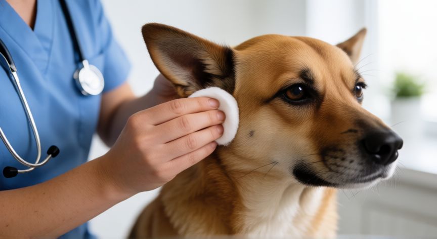 mejor producto para otitis perros, Veterinario revisando la oreja de un perro durante una consulta