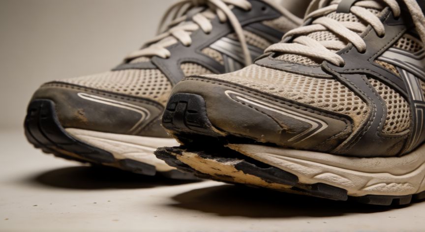 mejor producto para pegar zapatillas, Detalle de zapatilla deportiva con suela despegada lista para reparación