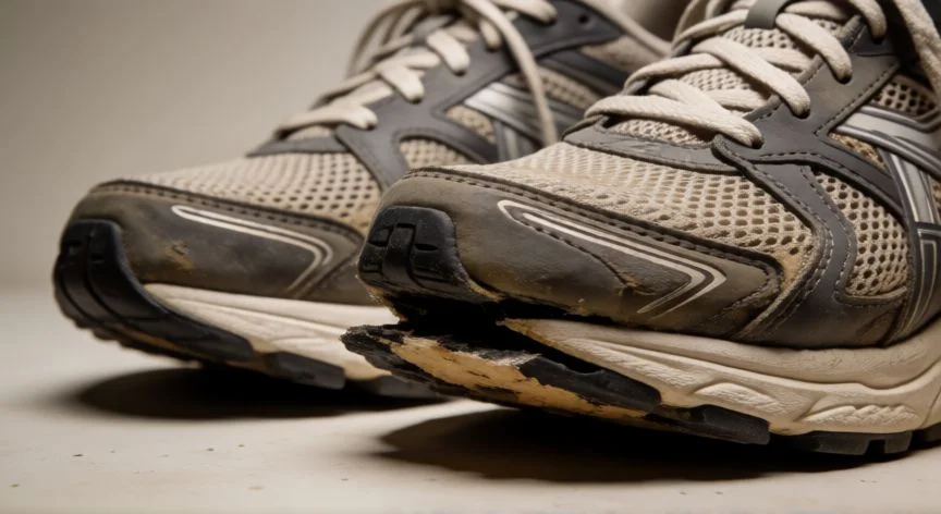 Detalle de zapatilla deportiva con suela despegada lista para reparación