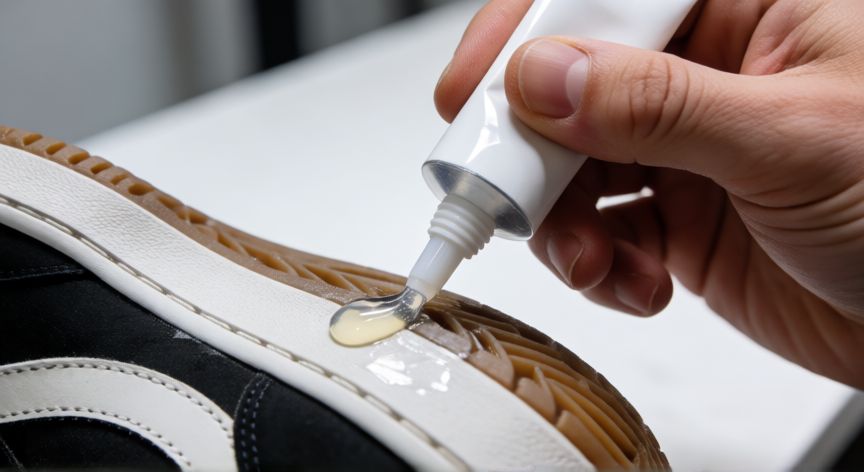 mejor producto para pegar zapatillas, Aplicación de pegamento poliuretano en la suela de una zapatilla