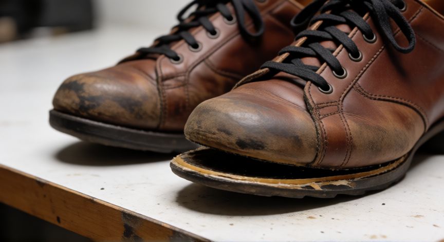 mejor producto para pegar zapatos, Zapato de piel con suela despegada en la punta listo para reparación con pegamento específico