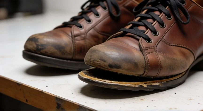 Zapato de piel con suela despegada en la punta listo para reparación con pegamento específico